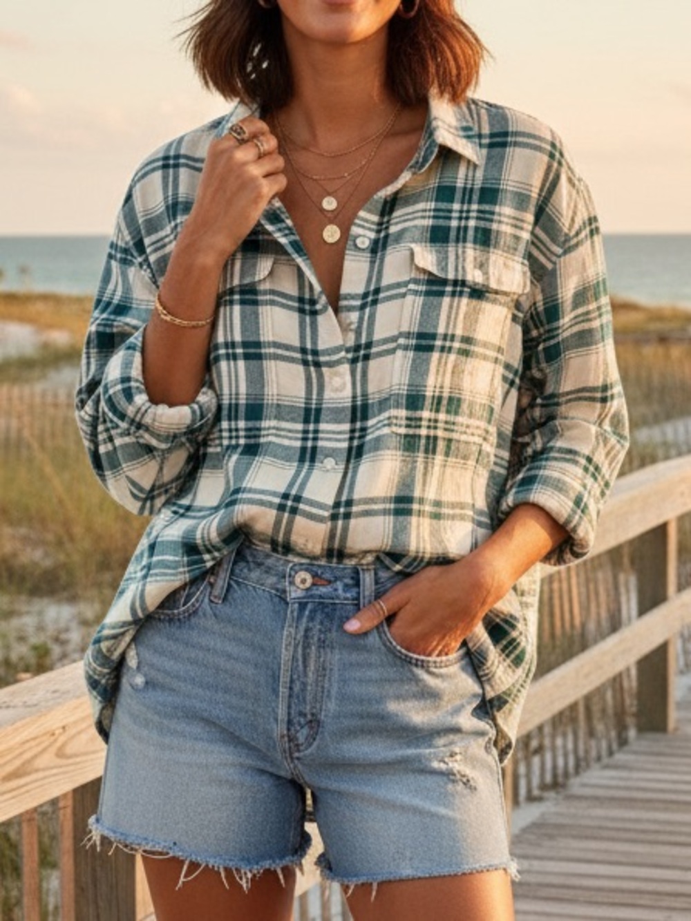 Old Navy Cream Green Plaid Boyfriend Flannel Button Up Shirt Coastal Cowgirl L